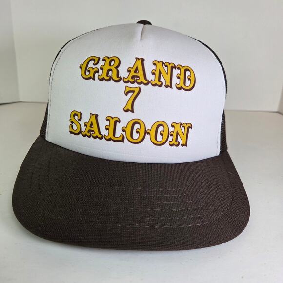 Vintage Grand 7 Saloon Foam Trucker Hat Snapback Mesh Cap Brown White Yellow - Picture 1 of 10